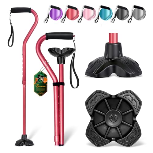 BeneCane Walking Cane Adjustable Cane with Offset Soft Cushioned Handle for Men & Women Lightweight Comfortable Extra Stability Base Mobility Aid for Men Women and Seniors - color: Red