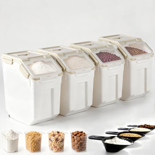 RUIAN 25lb Flour Rice Storage Containers Bin, Large Airtight Storage Container with Wheels Seal Locking Lid, with Measuring Cup&Scoop for Flour, Rice, Grain(Gray 4PCS) - color: Gray 4Pack 25Lb