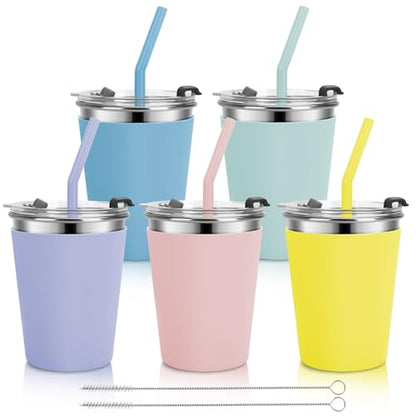 Stainless Steel Kids Cups with Lids, 5 Pack 12oz Spill Proof Cups - color: Light Blue, Green, Pink, Purple Yellow