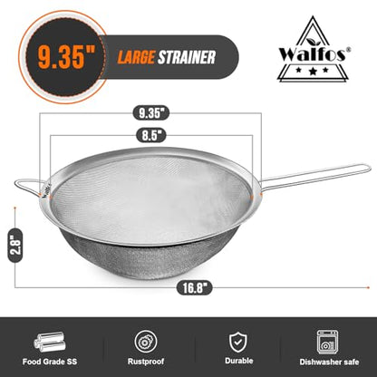 Walfos 9.35 Inch Large Fine Mesh Strainer, Stainless Steel 30 Mesh Sieve with Sturdy Handle, Kitchen Food Strainers Sifters for Rice, Quinoa, Pasta, Fruits, Vegetables, etc. - style: 9.35" Extra Large Strainer