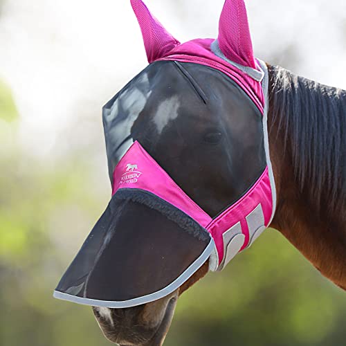Harrison Howard CareMaster Pro Luminous Horse Fly Mask Large Eye Space Long Nose with Ears UV Protection for Horse Flamingo (L; Full Size) - color: Flamingo, size: Large (Horse)