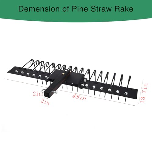48" Durable Pine Straw Rake Steel Spring Landscape Rake Fits 2" Receiver for Lawn Tractors or ATV/UTV Black