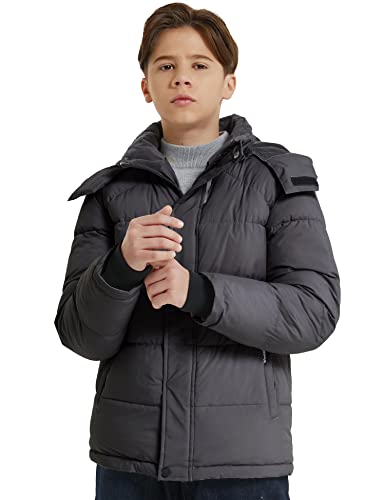 wantdo Boys Puffy Winter Coats Fleece-Lined Snow Jackets Removable Hood | Elastic Cuffs, Hook-and-Loop Collar, Windproof, Machine Washable - color: Dark Gray, size: 8-9