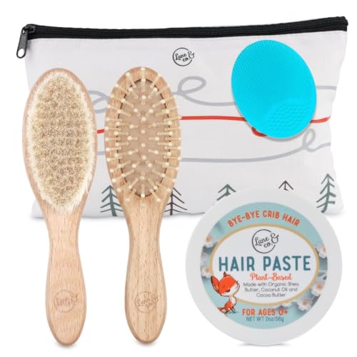 LANE & CO. Cradle Cap Brush Set, Baby & Toddler Hair Brush with Hair Paste | Baby grooming kit with soft goat-hair brush, hard-bristle brush, plant-based hair paste and cotton storage bag