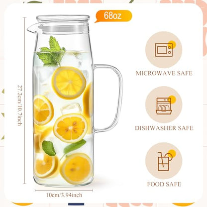 Hsei 2 Sets Glass Pitcher with Lid, 67.6 oz / 2000 ml Water Carafe with Handles Hot Cold Beverage Water Jar Glass Jug for Tea Juice Milk Coffee Iced Beverage (Glass Lid) - color: Glass Lid, size: 2l