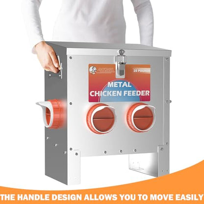 HAYOHRT Automatic Chicken Feeder No Waste 25 Pounds 4 Ports Metal Poultry Feeder with Latch & Handle for Chickens Bantams Pheasants Poultry Coop Weatherproof - size: 4 Ports - 25 lBS