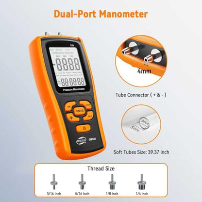Digital Manometer Gas Pressure Tester, Professional Air Pressure Meter, Differential Pressure Gauge for HVAC, Gas Valve (GM520)