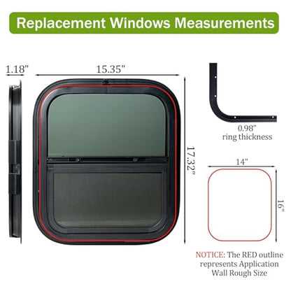 RV Window 14"W x 16"H Vertical Sliding Replacement Glass &Trim Ring Set - size: 14" W x 16" H, style: Vertical