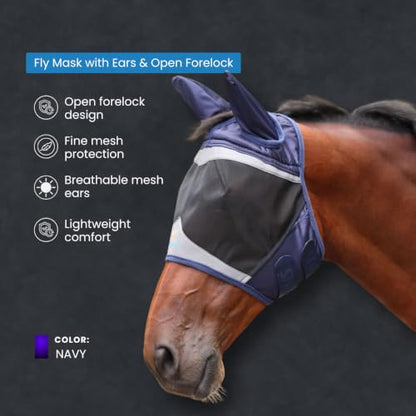 Shires FlyGuard Pro Fine Mesh Fly Mask with Ears & Open Forelock – Cob Size | Lightweight Breathable Mesh Fly & Insect Protection |Turnout, Grazing & Stable Use | Navy Colour - color: Navy, size: Cob
