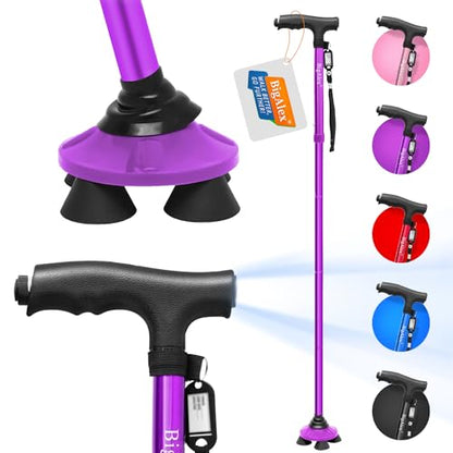 BigAlex Folding Walking Cane with LED Light,Pivoting Quad Base,Adjustable Walking Stick with Carrying Bag for Men/Women - color: Purple(4'9"-5'6")
