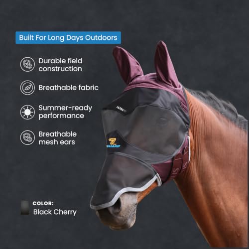 Shires Flyguard Pro Deluxe Horse Fly Mask with Ears & Nose - UV Protection & Fine Mesh Black Cherry/Full - color: Black Cherry, size: Full