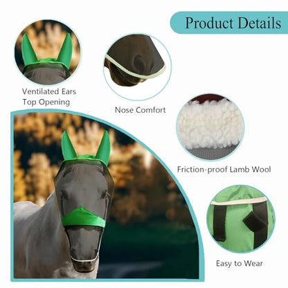 Fly Masks for Horses with Ears and Nose Cover - Comfortable Horse Fly mask with Ears for UV Protection & Sun Shield – Soft Lightweight- Breathable Horse mask (Long Nose, L) - style: Long nose