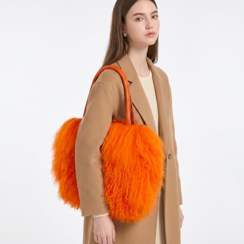 Women Luxury Real Curly Mongolian Lamb Fur Purse - color: Orange