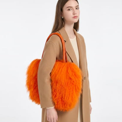 Women Luxury Real Curly Mongolian Lamb Fur Purse - color: Orange