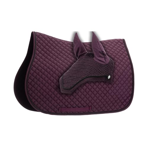 Equinavia Voss English Saddle Pad & Fly Bonnet Set, All Purpose Jumping | Contoured diamond-quilted all purpose English saddle pad with matching hand-crocheted fly bonnet, show-ready & breathable. - color: Plum Wine/Black