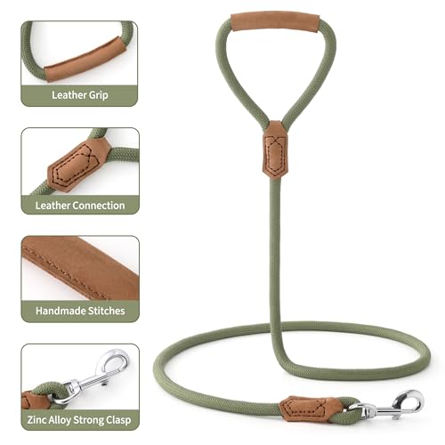Mile High Life Dog Leash with Genuine Leather-Wrapped Ends/Handle, 4/5/6FT - color: Olive Green, size: 48 Inch-1/2"
