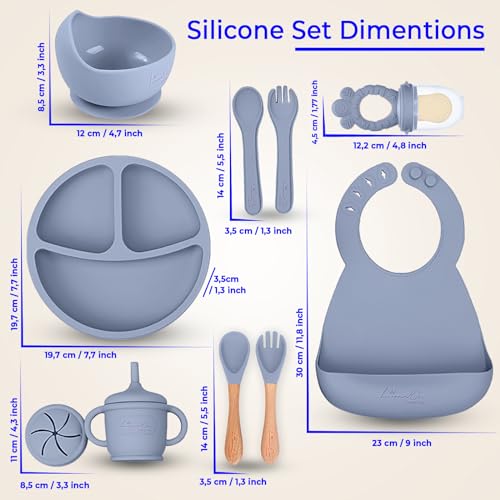 Silicone Baby Feeding Set, Suction Plates Bowls Bibs for Self Feeding –Gray | Baby Plates, Silicone Feeding Set, BPA-Free Toddler Bowls, Baby Spoons Forks, Empower Independence, Easy Clean - color: Gray