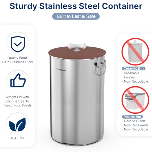 Paw Libero 35 Lbs Stainless Steel Dog Food Storage Container with Airtight Lid & Ceramic Bone Handle, Large Metal Dog Food Bin for Dogs & Cats, Keep Fresh, Easy to Clean - size: 35 lbs