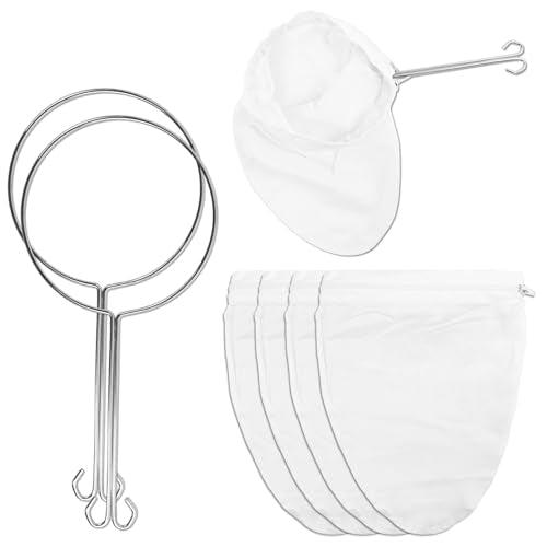 4 Pcs Ultra Fine Mesh Strainer Bags Reusable Mesh Filter Bag | 4 Pcs Ultra Fine Mesh Strainer Bags with 2 Pcs Handle Frame, Reusable Mesh Filter Bag for Filter Juice Nut Milk Oil and Soup
