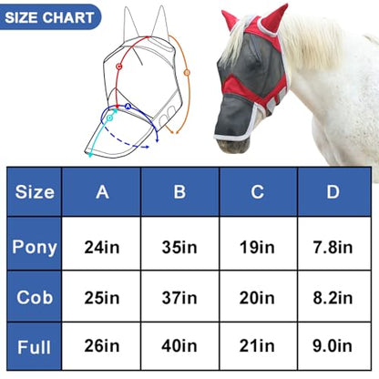Horse Fly Mask with Ears & Long Nose, Fine Mesh Red Pony - color: Red, size: Pony
