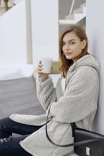 ReachMe Womens Fleece Zip Up Jacket with Pockets Oversized Long Sherpa Hoodie Fuzzy Jackets Warm Teddy Coat - color: 02 Light Grey, size: X-Large