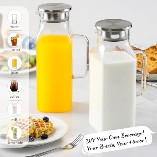 Netany 2 Pack 2.22 Liters/75 oz Square Glass Pitcher with Lid and Handle for Fridge, Iced Tea and Coffee Carafe Beverage Serveware, Heat Resistant Borosilicate Water Jug for Hot/Cold Drinks and Milk - size: 75 oz Clear