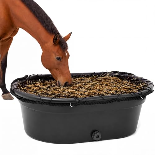 BreezeHug 30 Gallon Rubber Slow Hay Horse Feeder,Heavy Duty Hay Pan Net Set | Save Hay,Extra Large Feed Bucket with 8 Snaps, Horse Feeder with Drain Hole for Goat Farm Livestock Poultry,Reduce Waste