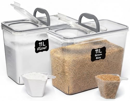 Shazo 2 PC (11L | 372 oz) Flour Sugar Storage Containers with Spout Lid & Easy Carry Handle - BPA Free Extra Large Airtight Food Storage Containers with Lids - Rice Canisters Sets for Kitchen & Pantry - color: Gray