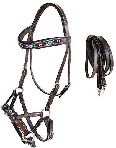 Horse Western Leather Tack Beaded Bitless Sidepull Bridle Reins 77RT17 - color: Brown/Beaded