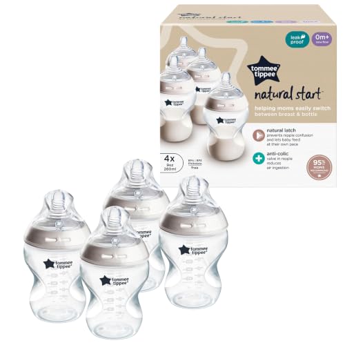 Tommee Tippee Natural Start Anti-Colic 9 oz BPA Free Baby Bottles, 0+ Months, Slow Flow Breast-Like Nipple, Self Sterilizing, Designed for Seamless Transition Between Bottle & Breast, Clear, Pack of 4 | Pack of 4, Slow Flow Breast-Like Nipple, Self-Steril