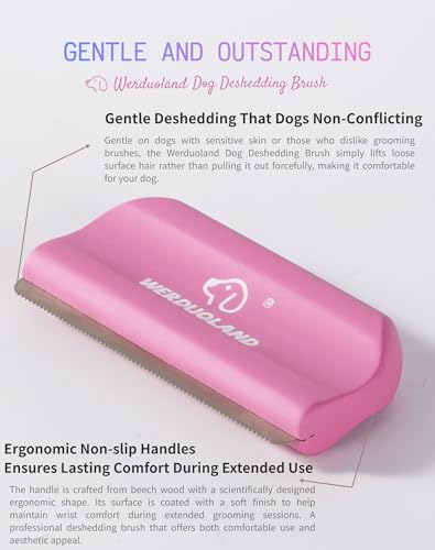 Deshedding Brush for Dogs and Cats, Wooden Ergonomic Handle | For short, long, double-coated dogs and cats. Gently removes loose undercoat without scratching. Wooden ergonomic grip. - color: pink