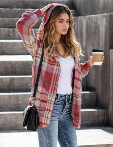 Zilcremo Women Hooded Cardigan Open Front Fuzzy Jacket - color: Wineplaid, size: Small
