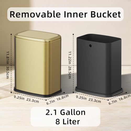 8L/2.1 Gallon Small Bathroom Trash Can with Lid, Swing-Top Rectangular Waste Bin, Stainless Steel Garbage Can for Home, Office, Toilet, Bedroom, Living-Room (Gold) - color: Gold