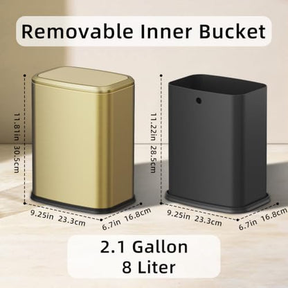 8L/2.1 Gallon Small Bathroom Trash Can with Lid, Swing-Top Rectangular Waste Bin, Stainless Steel Garbage Can for Home, Office, Toilet, Bedroom, Living-Room (Gold) - color: Gold