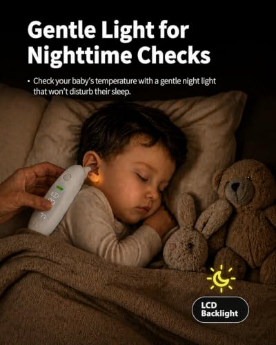 Ear Thermometer for Baby, Kids & Adults, Eardrum Position Detection, 1-Second Reading, Large LED, Fever Alert, Night Light, Batteries Included