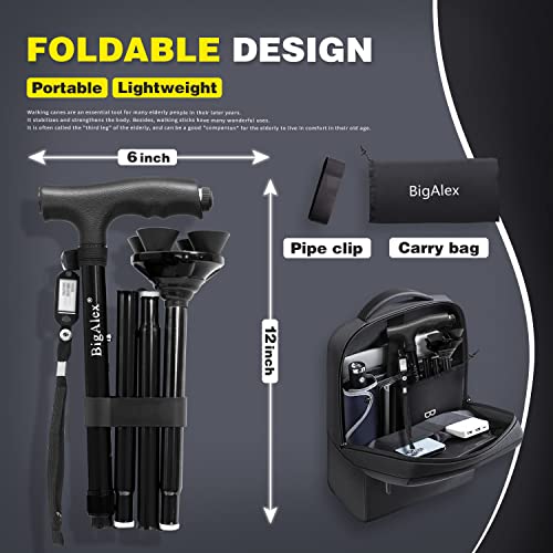 BigAlex Folding Walking Cane with LED Light,Pivoting Quad Base,Adjustable Walking Stick with Carrying Bag for Men/Women - color: Black(4'9"-5'6")
