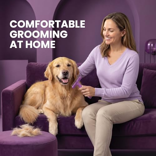 POODLIE Poodle Pet Dog Grooming Rake| Dematting Tool with Stainless Steel Shedding Comb for Pets | 2 Rows of Pins Gently Remove Loose or Tangled Hair from Undercoat | Purple Handle - color: Purple