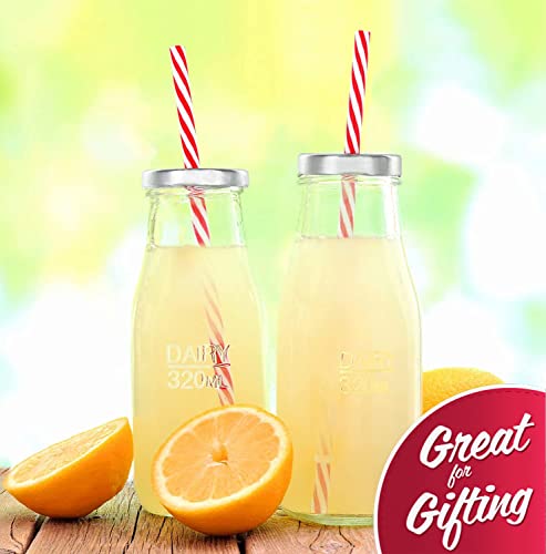 Estilo Glass Milk Bottle with Lid - Milk Glass - Reusable Glass Bottle for Dairy Milk With Straws & Metal Screw On Lids, 10.5 Ounce, Clear, Set of 7
