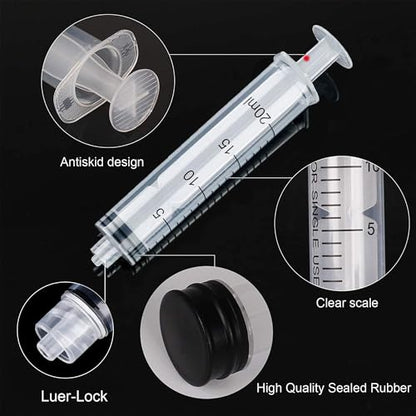 20ml Luer Lock Syringe with Cap, Sterile 5cc Syringes Without Needle, 30Pcs | 30Pack, Individually wrapped 20 ml / cc plastic syringes. Luer lock tip caps prevent liquid leaks. Accurate scale. No needles