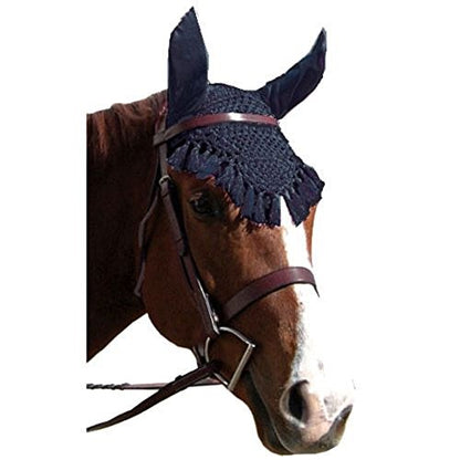 Horze Fringe Black Mesh Fly Bonnet/Veil with Ears. No Halter Needed! (Pony)