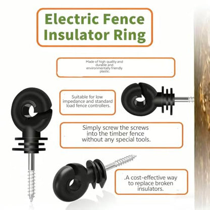 110PCS Upgraded Black Electric Fence Insulators,1 Pc Free Insulator Socket Tool,and 1 Gloves,Screw in Ring Insulators for Farm Animal Fencing(Grid System Accessories for Animal Husbandry Electronic)