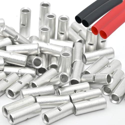 SVAAR 50PCS 14-12 Gauge Non Insulated Butt Connectors 14-12 AWG Uninsulated Butt Splices Tinned Copper Marine Grade Seamless Barrel Crimp Butt Splice Terminals & 50PCS 3:1 Adhesive Lined Heat Shrinks - size: 14-12 AWG