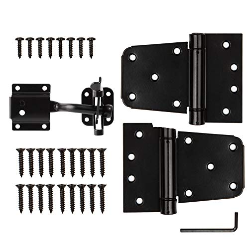HILLMASTER Heavy Duty Gate Latch Kit for Wooden Vinyl Fence, 1 Pack Self-Locking Gate Latch and 2 Pack 3.5” Spring Tee Hinges, Gate Fence Hardware Set, Black Finish