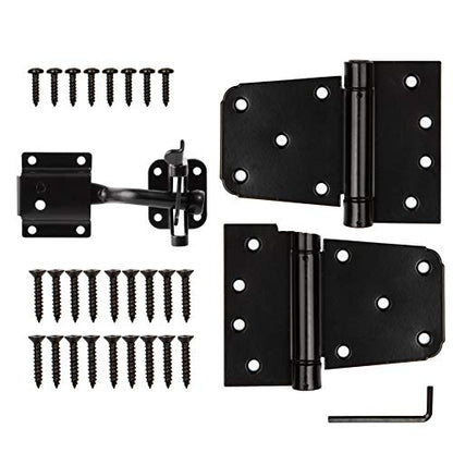HILLMASTER Heavy Duty Gate Latch Kit for Wooden Vinyl Fence, 1 Pack Self-Locking Gate Latch and 2 Pack 3.5” Spring Tee Hinges, Gate Fence Hardware Set, Black Finish