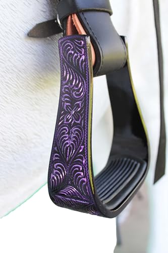 CHALLENGER Horse Western 5" Wide Barrel Racer Black Aluminum Engraved Show Stirrups 51248 - color: Black Purple
