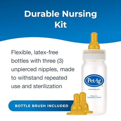 Pet-Ag Nursing Kit - 4 oz - Promotes the Natural Feeding of Liquids to Baby Animals - Each Kit Includes 4 oz. Bottle with Cap, 3 Nipples & Cleaning Brush
