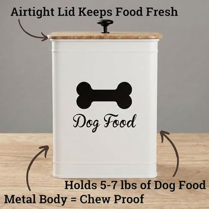 Metal Dog Food Container 5-7lb, 25 Cup w/ Airtight Bamboo Lid, Metal Handle - color: White: Bone