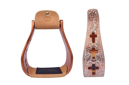 CHALLENGER Western Show Horse Saddle Stirrups Aluminum Leather Tread Cross Engraved 5145v - color: Crosses Bronze with genuine Leather Tread