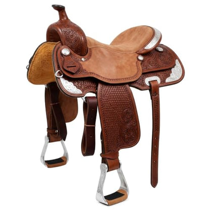 CHALLENGER Horse Saddle Engraved Aluminum Western Riding Barrel Stirrups Tan Leather 51156