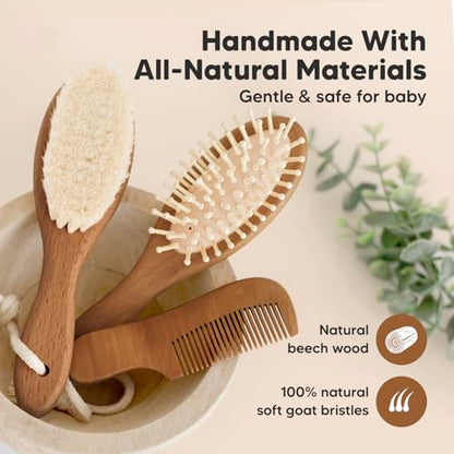 Keababies Baby Hair Brush and Comb Set and 3-Pack Baby Swaddle Sleep Sacks - Wooden Brush with Soft Goat Bristle - Newborn Swaddle Sack, Cradle Cap Brush